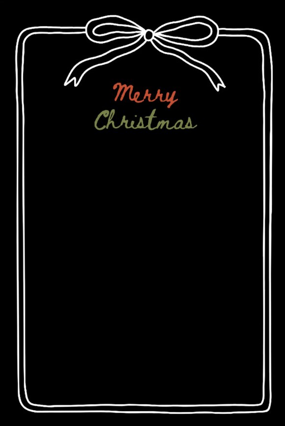 A black card with a white hand-drawn border and bow, and the words Merry Christmas
