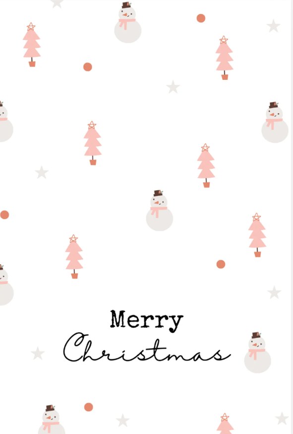 A white card with pink trees and snowmen and the words Merry Christmas