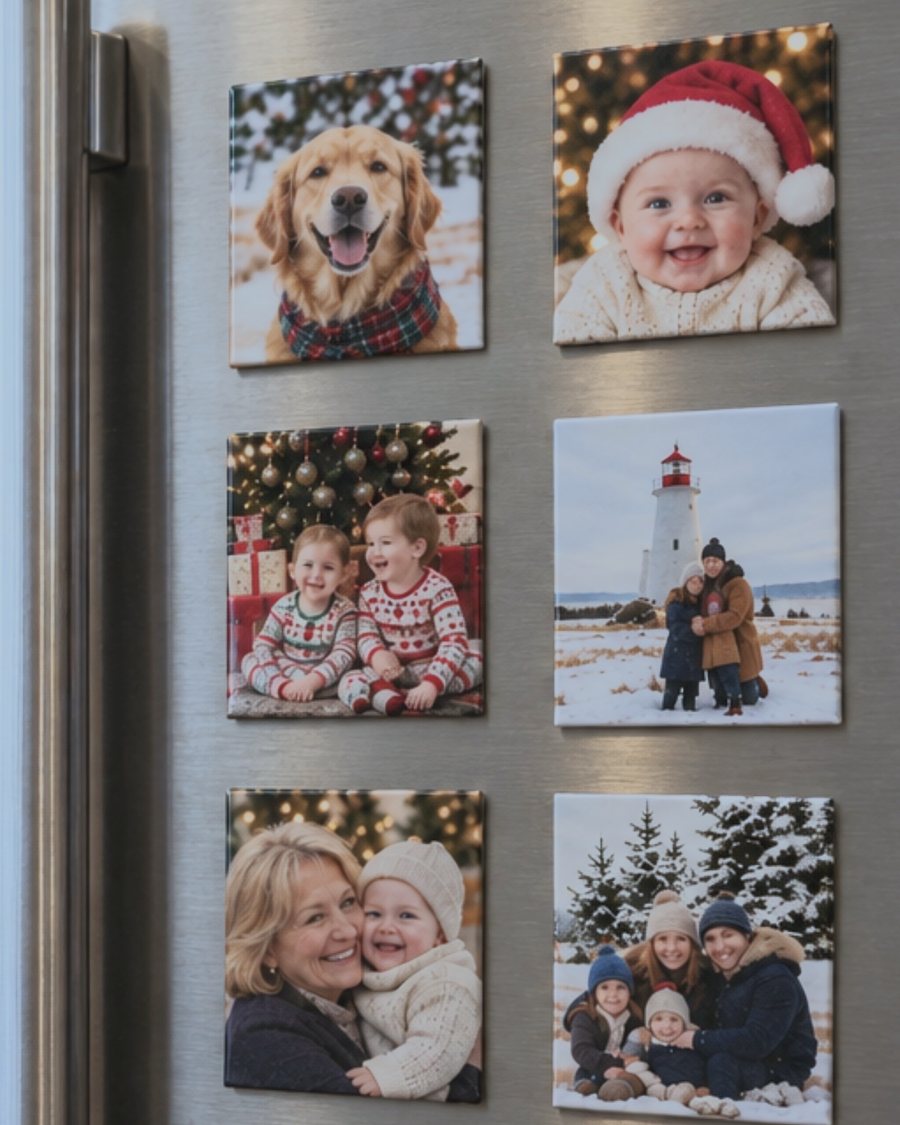 Six square photo magnets on a stainless steel fridge: a golden retriever, a baby in a Santa hat, two kids in Christmas pyjamas, a lighthouse, a grandma and baby, and a family in the snow
